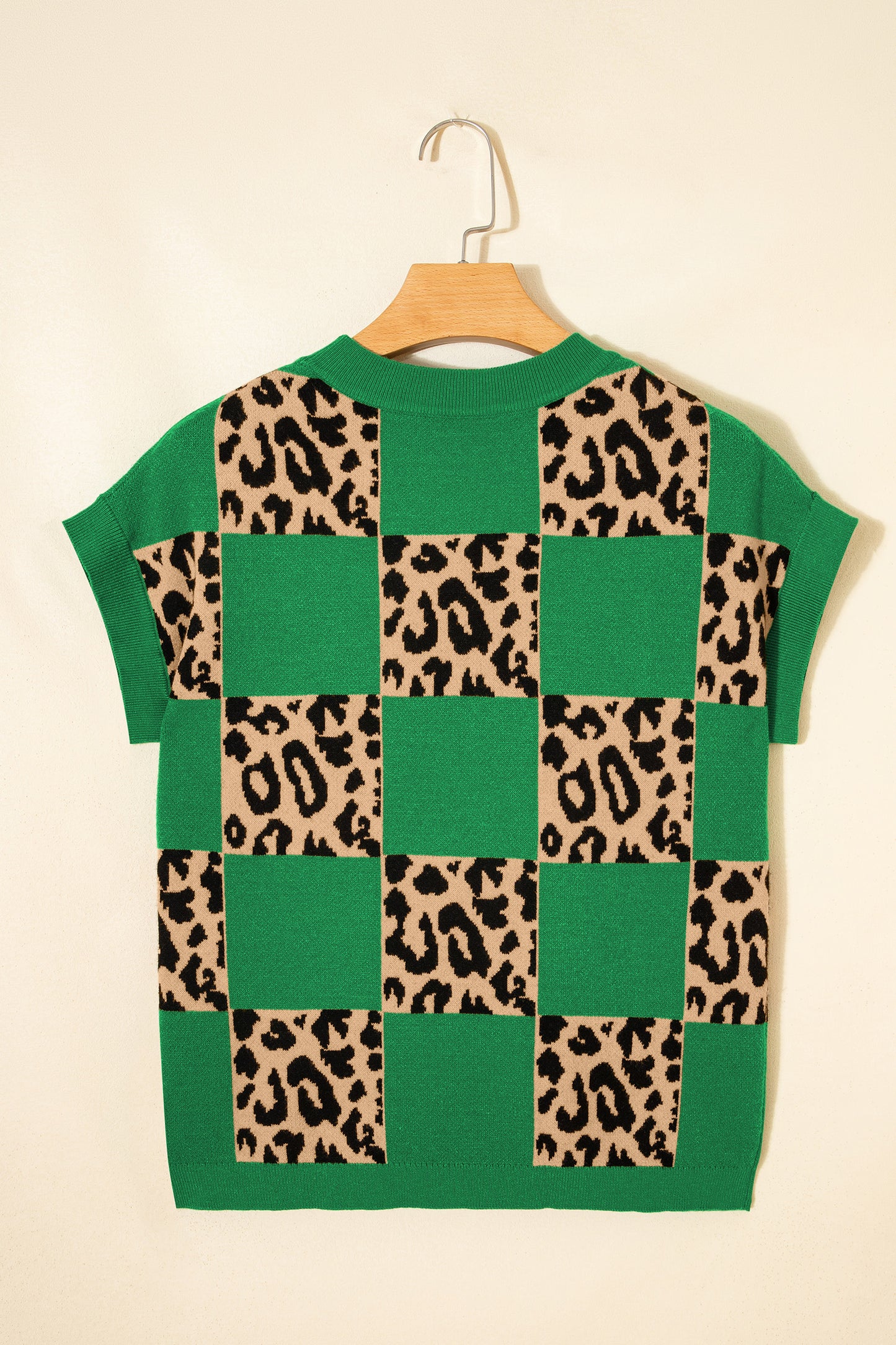 Black Leopard Checkerboard Short Sleeve Knit Sweater