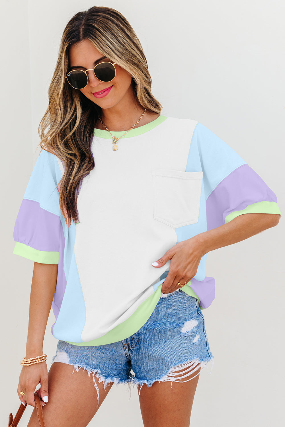 Purple Color Block Patchwork Half Sleeve Oversized T Shirt