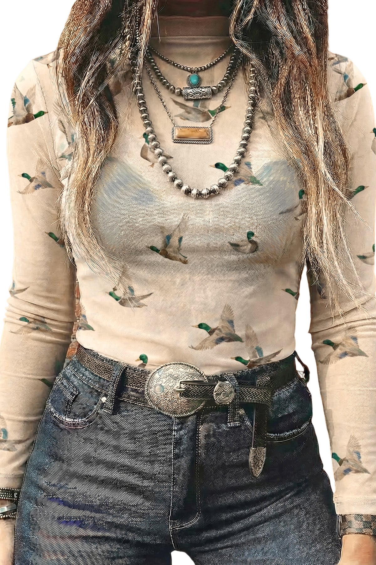 Beige Western Print Mesh High Neck Long Sleeve Sheath Top