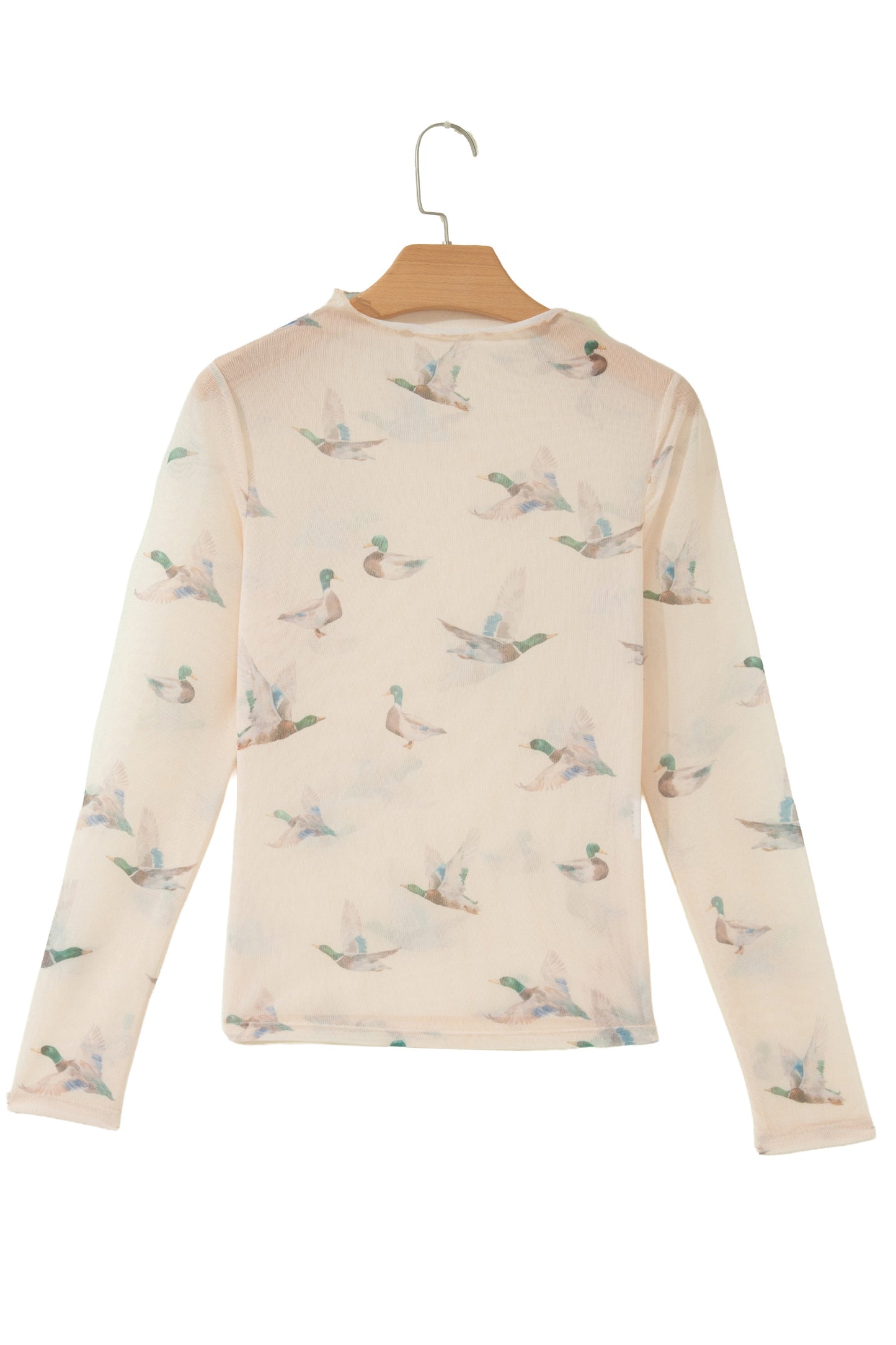 Beige Western Print Mesh High Neck Long Sleeve Sheath Top