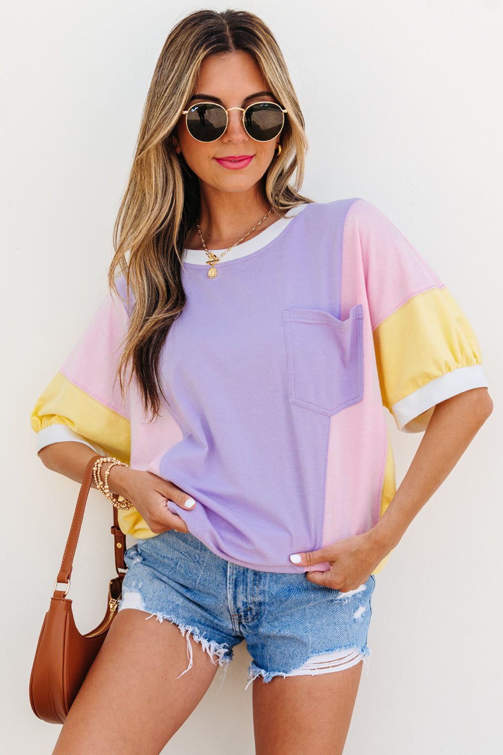 Purple Color Block Patchwork Half Sleeve Oversized T Shirt