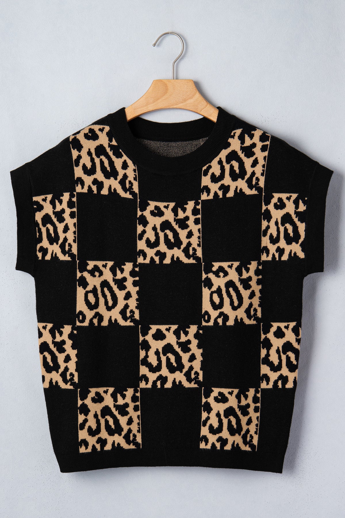 Black Leopard Checkerboard Short Sleeve Knit Sweater