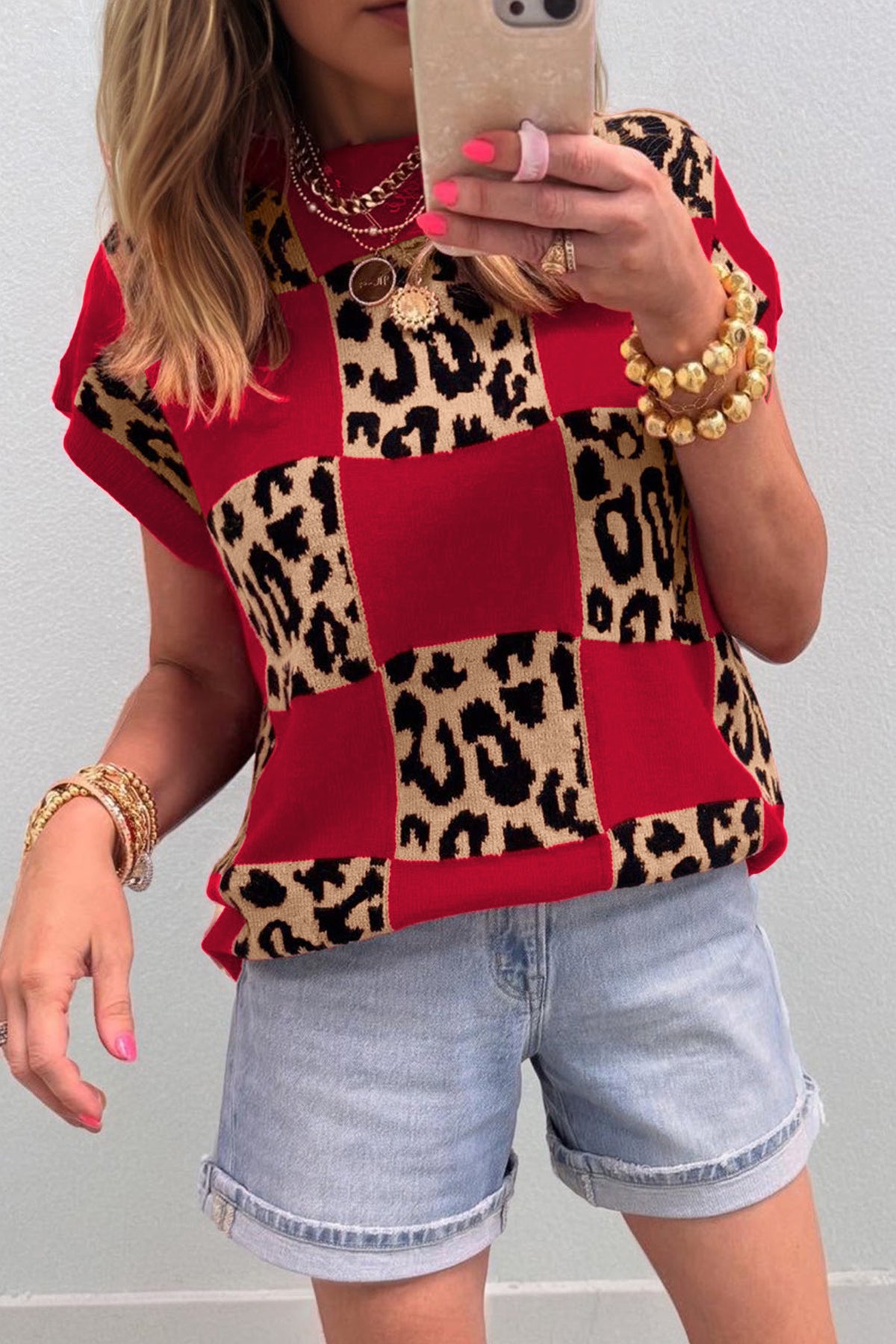 Black Leopard Checkerboard Short Sleeve Knit Sweater