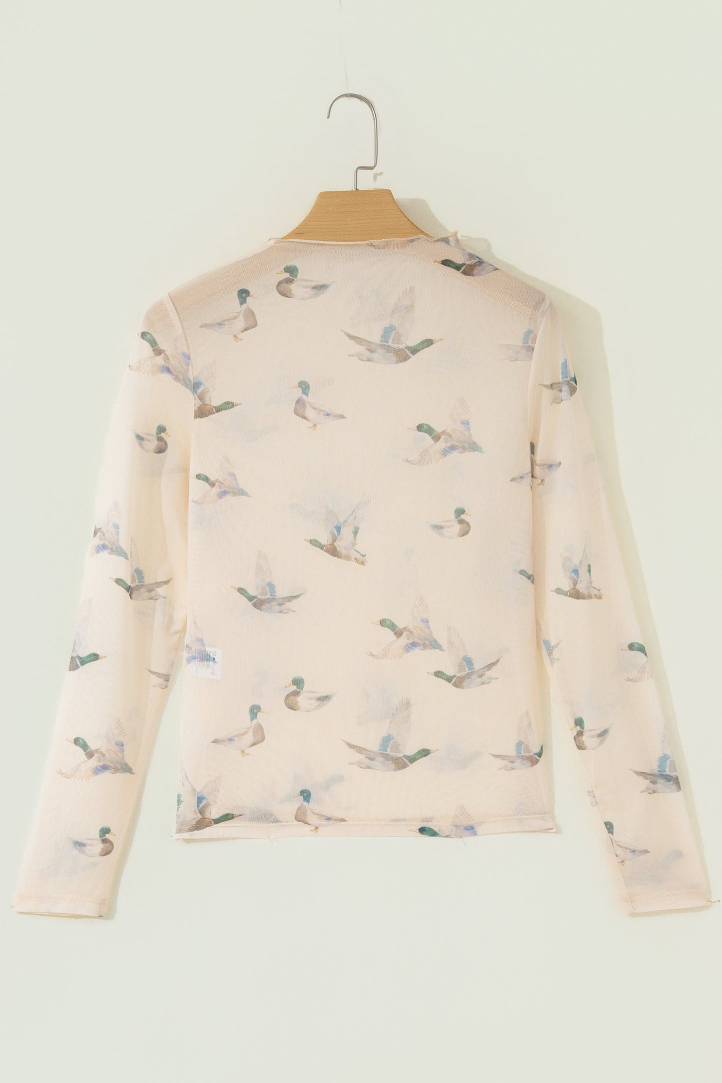 Beige Western Print Mesh High Neck Long Sleeve Sheath Top